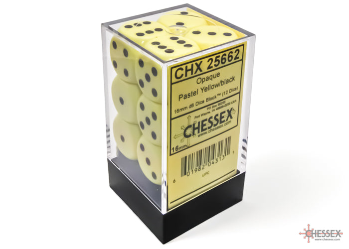 Opaque Pastel Yellow/black 16mm d6 Dice Block (12 dice) (Chessex) (25662)