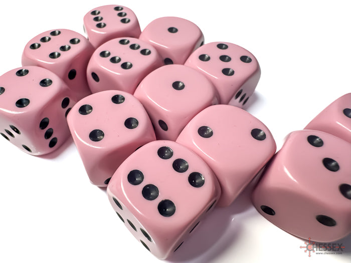 Opaque Pastel Pink/black 16mm d6 Dice Block (12 dice) (Chessex) (25664)