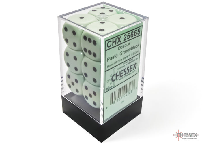 Opaque Pastel Green/black 16mm d6 Dice Block (12 dice) (Chessex) (25665)