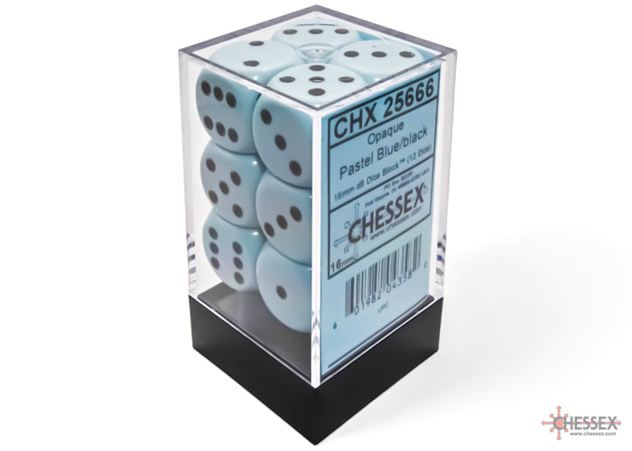 Opaque Pastel Blue/black 16mm d6 Dice Block (12 dice) (Chessex) (25666)