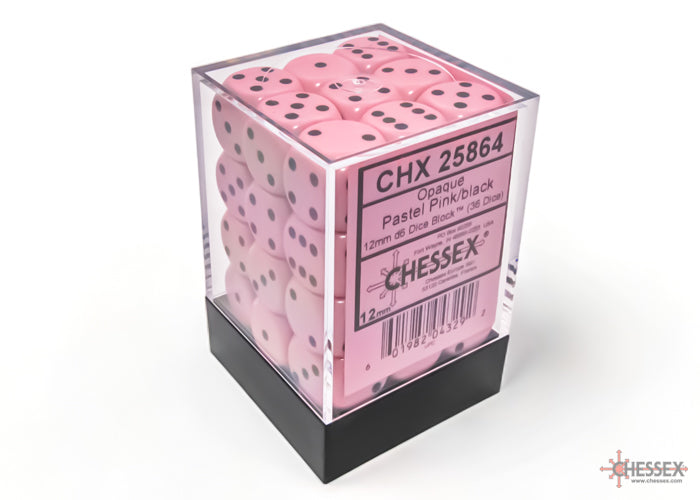 Opaque Pastel Pink/black 12mm d6 Dice Block (36 dice) (Chessex) (25864)