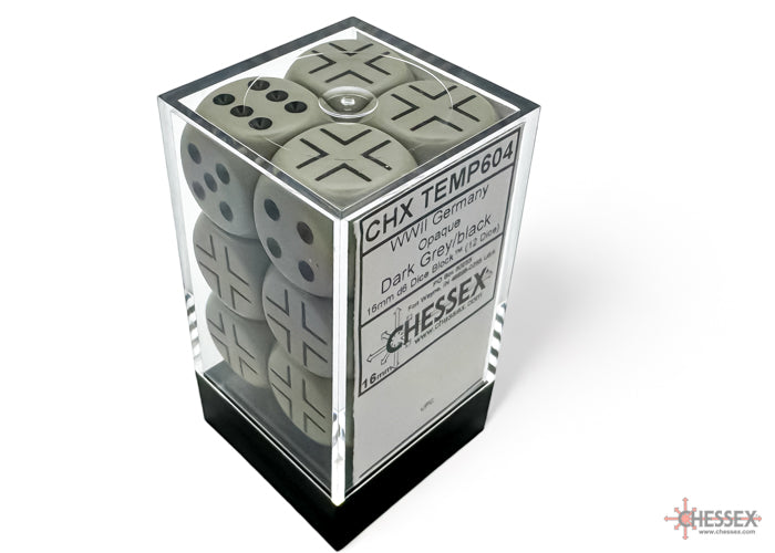 Germany War Dice Opaque Dark Grey/black 16mm d6 Dice Block (12 dice) (Chessex) (29061)