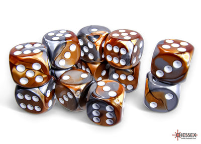 Gemini Copper-Steel/white 16mm d6 Dice Block (12 dice) (Chessex) (26624)