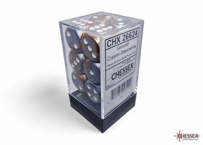 Gemini Copper-Steel/white 16mm d6 Dice Block (12 dice) (Chessex) (26624)