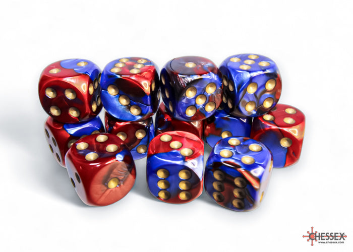 Gemini Blue-Red/gold 16mm d6 Dice Block (12 dice) (Chessex) (26629)