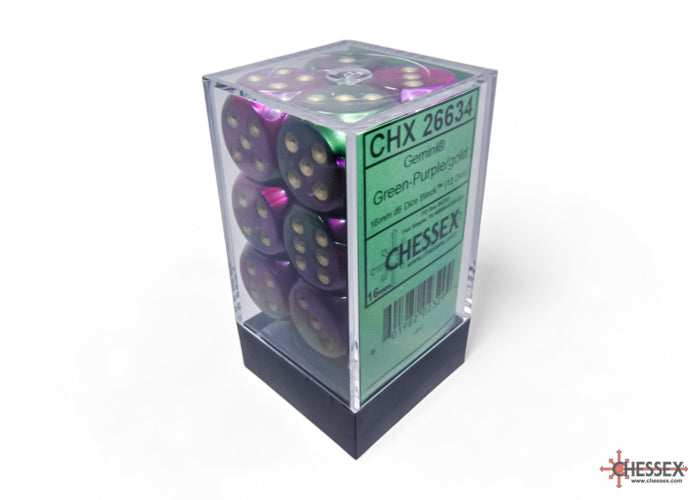 Gemini Green-Purple/gold 16mm d6 Dice Block (12 dice) (Chessex) (26634)