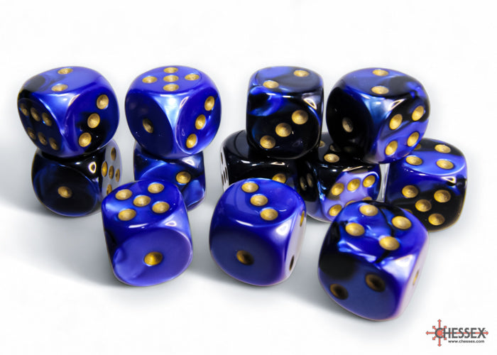 Gemini Black-Blue/gold 16mm d6 Dice Block (12 dice) (Chessex) (26635)