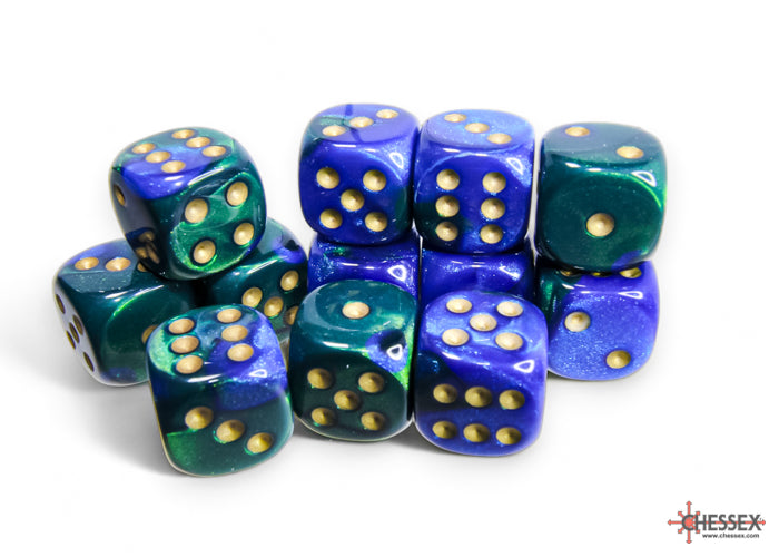 Gemini Blue-Green/gold 16mm d6 Dice Block (12 dice) (Chessex) (26636)