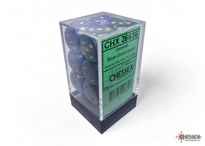 Gemini Blue-Green/gold 16mm d6 Dice Block (12 dice) (Chessex) (26636)