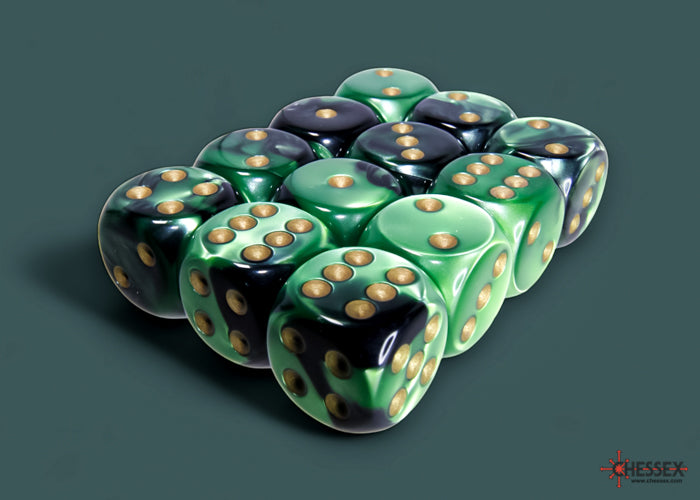 Gemini Black-Green/gold 16mm d6 Dice Block (12 dice) (Chessex) (26639)