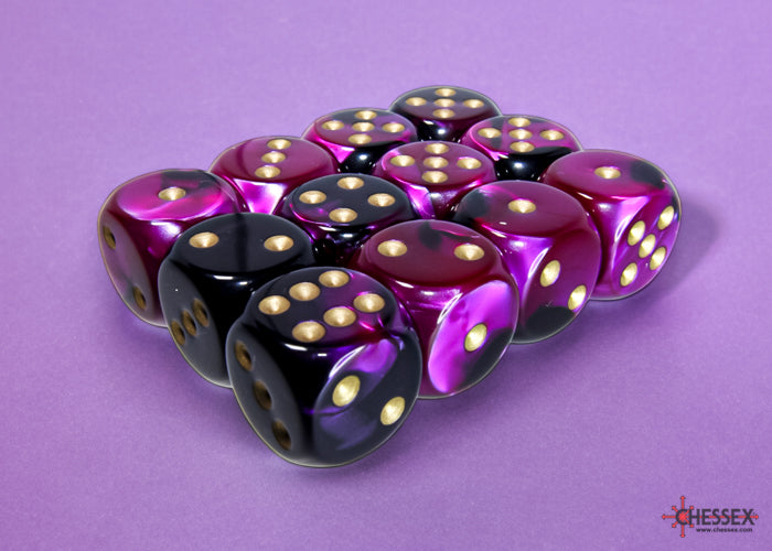 Gemini Black-Purple/gold 16mm d6 Dice Block (12 dice) (Chessex) (26640)