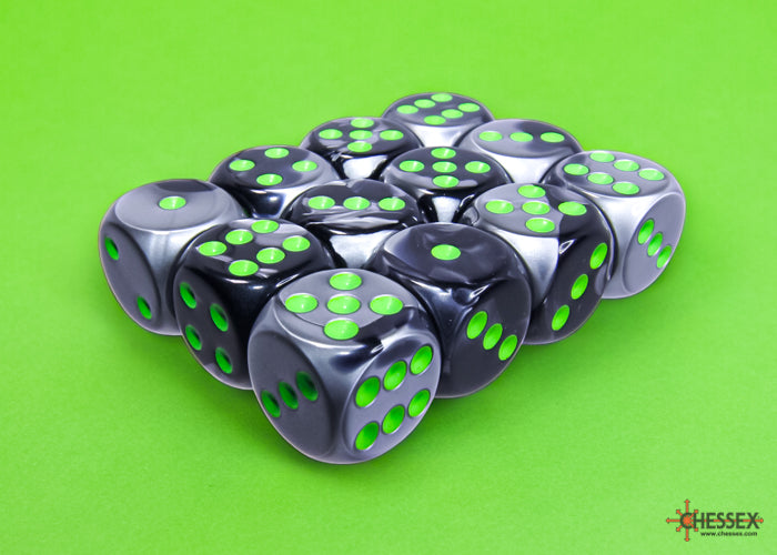 Gemini Black-Grey/green 16mm d6 Dice Block (12 dice) (Chessex) (26645)