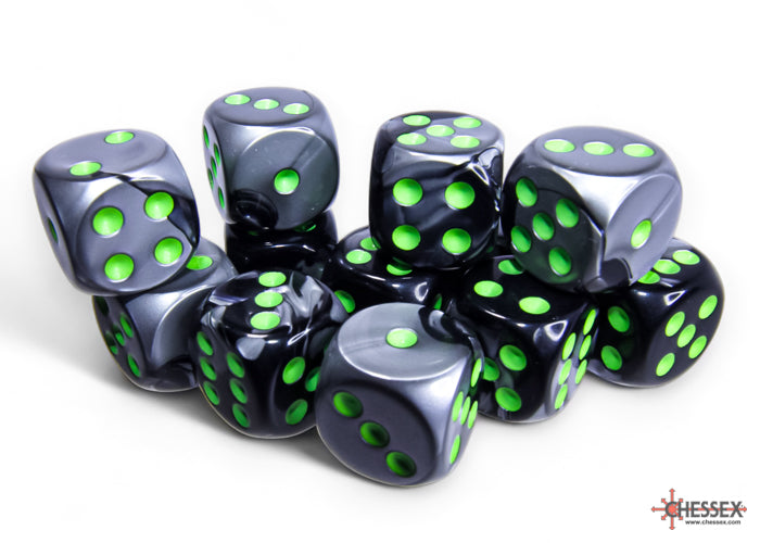 Gemini Black-Grey/green 16mm d6 Dice Block (12 dice) (Chessex) (26645)