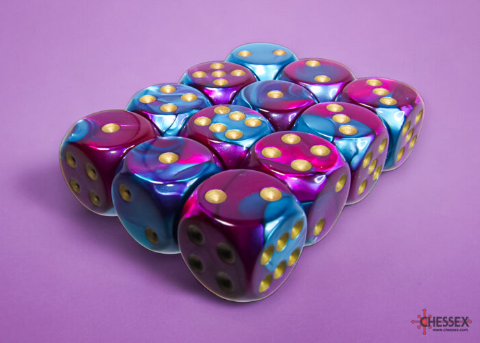 Gemini Purple-Teal/gold 16mm d6 Dice Block (12 dice) (Chessex) (26649)