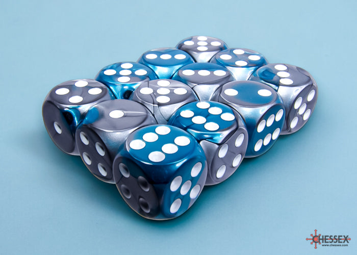 Gemini Steel-Teal/white 16mm d6 Dice Block (12 dice) (Chessex) (26656)