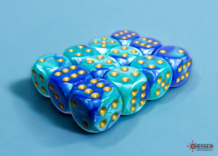 Gemini Blue-Teal/gold 16mm d6 Dice Block (12 dice) (Chessex) (26659)