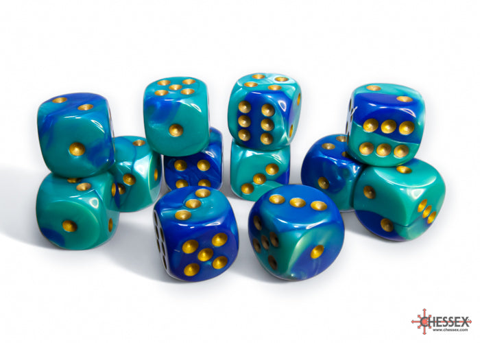 Gemini Blue-Teal/gold 16mm d6 Dice Block (12 dice) (Chessex) (26659)