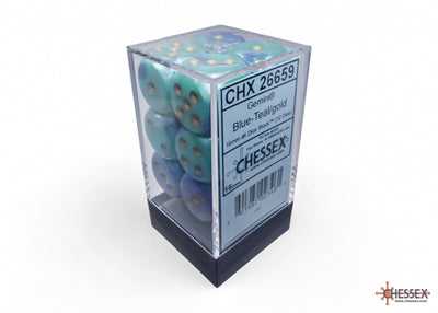 Gemini Blue-Teal/gold 16mm d6 Dice Block (12 dice) (Chessex) (26659)