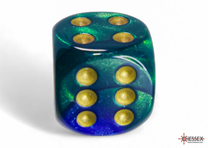 Gemini Blue-Green/gold 16mm d6 Dice Block (12 dice) (Chessex) (26636)