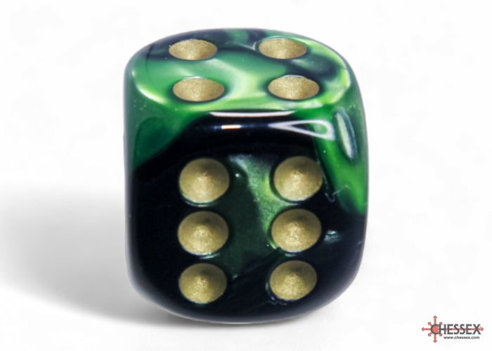 Gemini Black-Green/gold 16mm d6 Dice Block (12 dice) (Chessex) (26639)