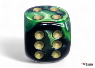 Gemini Black-Green/gold 16mm d6 Dice Block (12 dice) (Chessex) (26639)