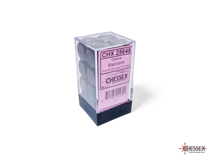 Opaque Black/pink 16mm d6 Dice Block (12 dice) (Chessex) (25648)