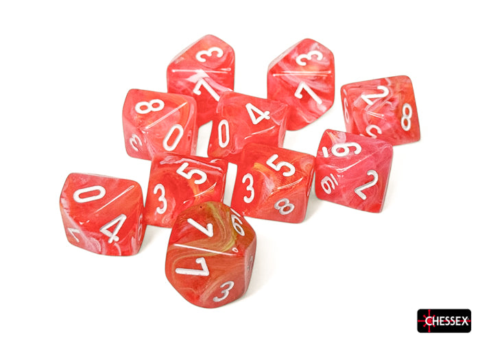 Festive Dahlia/white Luminary Set of Ten d10s (Chessex) (27353)