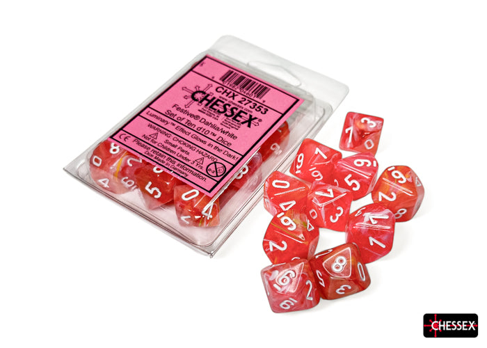 Festive Dahlia/white Luminary Set of Ten d10s (Chessex) (27353)