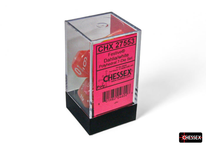 Festive Dahlia/white Luminary Polyhedral 7-Dice Set (Chessex) (27553)