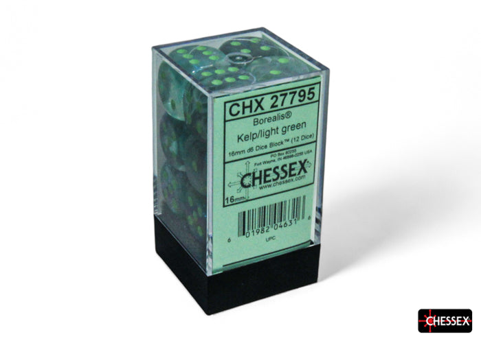 Borealis Kelp/light green Luminary 16mm d6 Dice Block (12 dice) (Chessex) (27795)