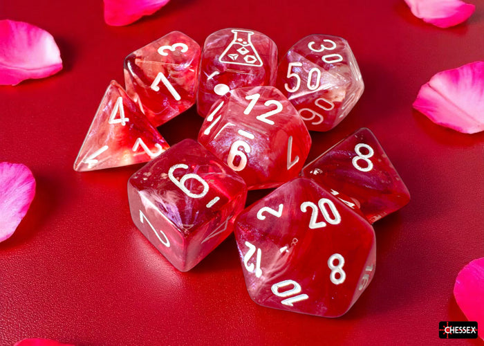 Borealis Passion/white Luminary Polyhedral 7-Dice Set (with bonus die) (Chessex) (30070)