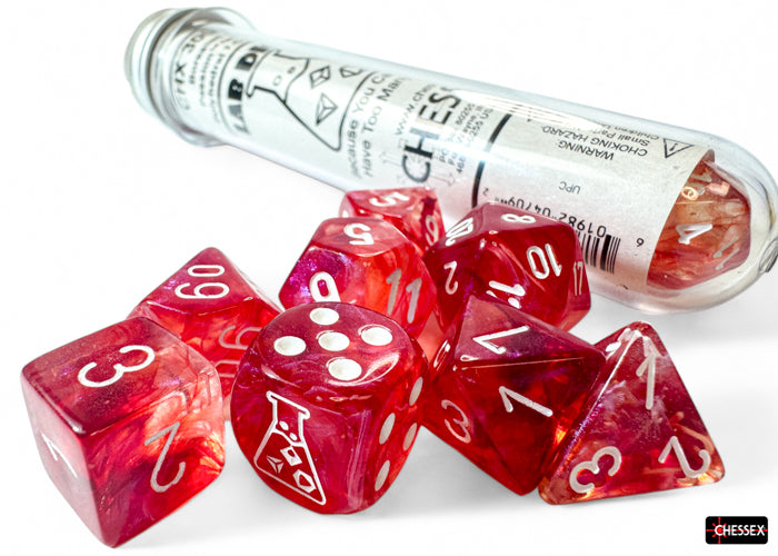 Borealis Passion/white Luminary Polyhedral 7-Dice Set (with bonus die) (Chessex) (30070)
