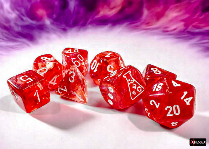 Borealis Passion/white Luminary Polyhedral 7-Dice Set (with bonus die) (Chessex) (30070)