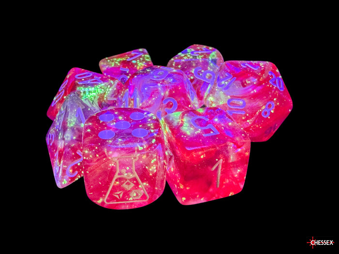Borealis Passion/white Luminary Polyhedral 7-Dice Set (with bonus die) (Chessex) (30070)