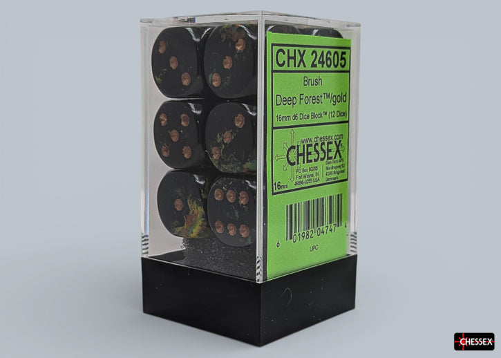 Brush Deep Forest/gold 16mm d6 Dice Block (12 dice) (Chessex) (24605)