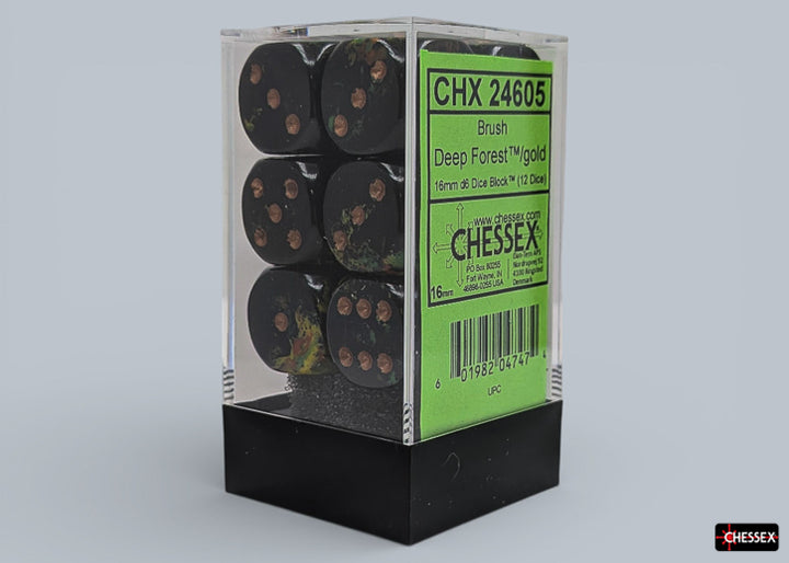 Brush Deep Forest/gold 16mm d6 Dice Block (12 dice) (Chessex) (24605)