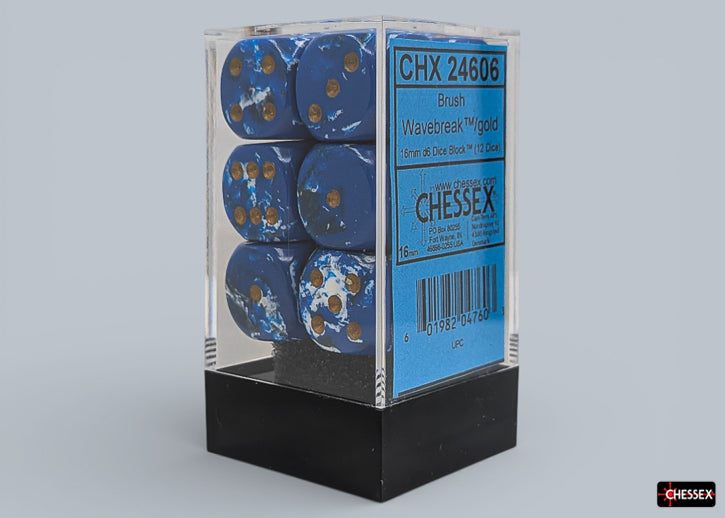 Brush Wavebreak/gold 16mm d6 Dice Block (12 dice) (Chessex) (24606)