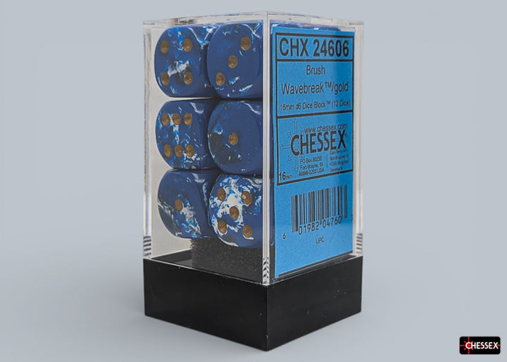 Brush Wavebreak/gold 16mm d6 Dice Block (12 dice) (Chessex) (24606)