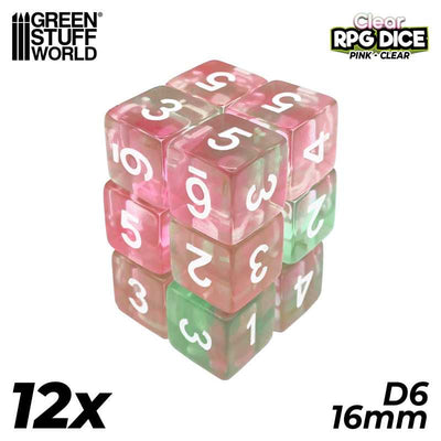 Gaming Dice: 12x D6 16mm Dice - Clear Pink (Green Stuff World)