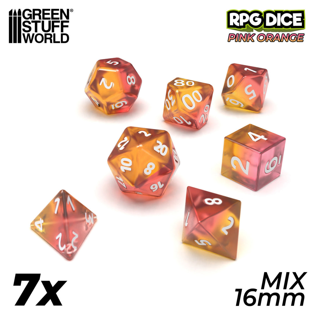 12x D6 16mm Dice - Clear Pink/Orange (Green Stuff World)