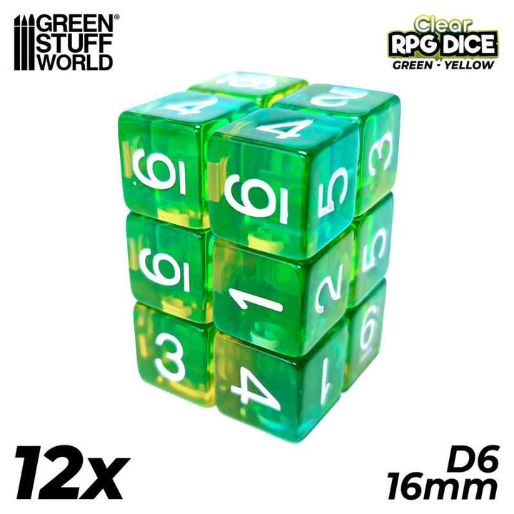 Gaming Dice: 12x D6 16mm Dice - Clear Green/Yellow (Green Stuff World)