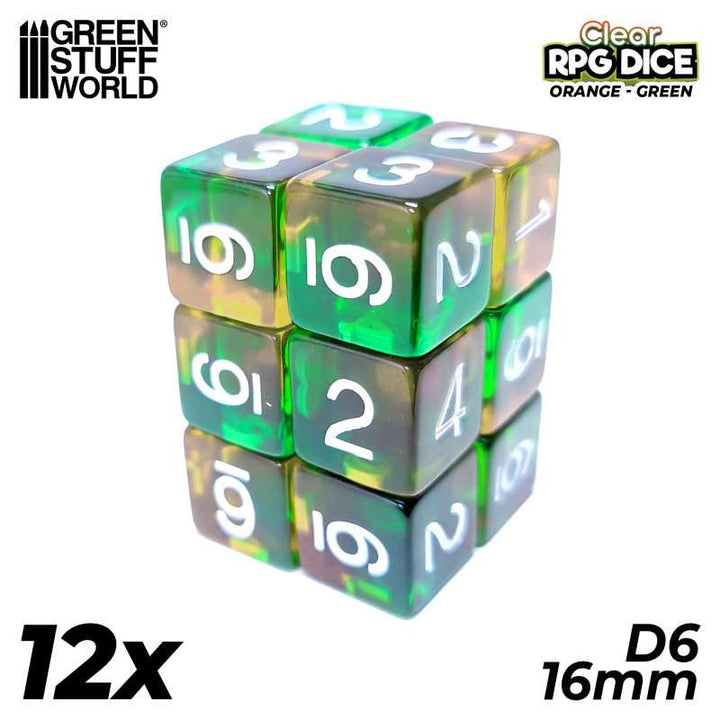 Gaming Dice: 12x D6 16mm Dice - Clear Orange/Green (Green Stuff World)