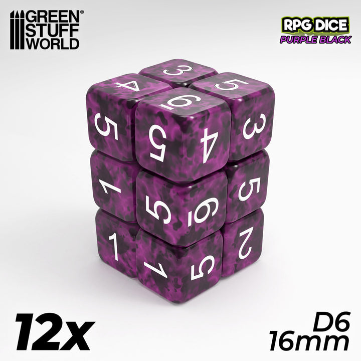 12x D6 16mm Dice - Purple Black (Green Stuff World)