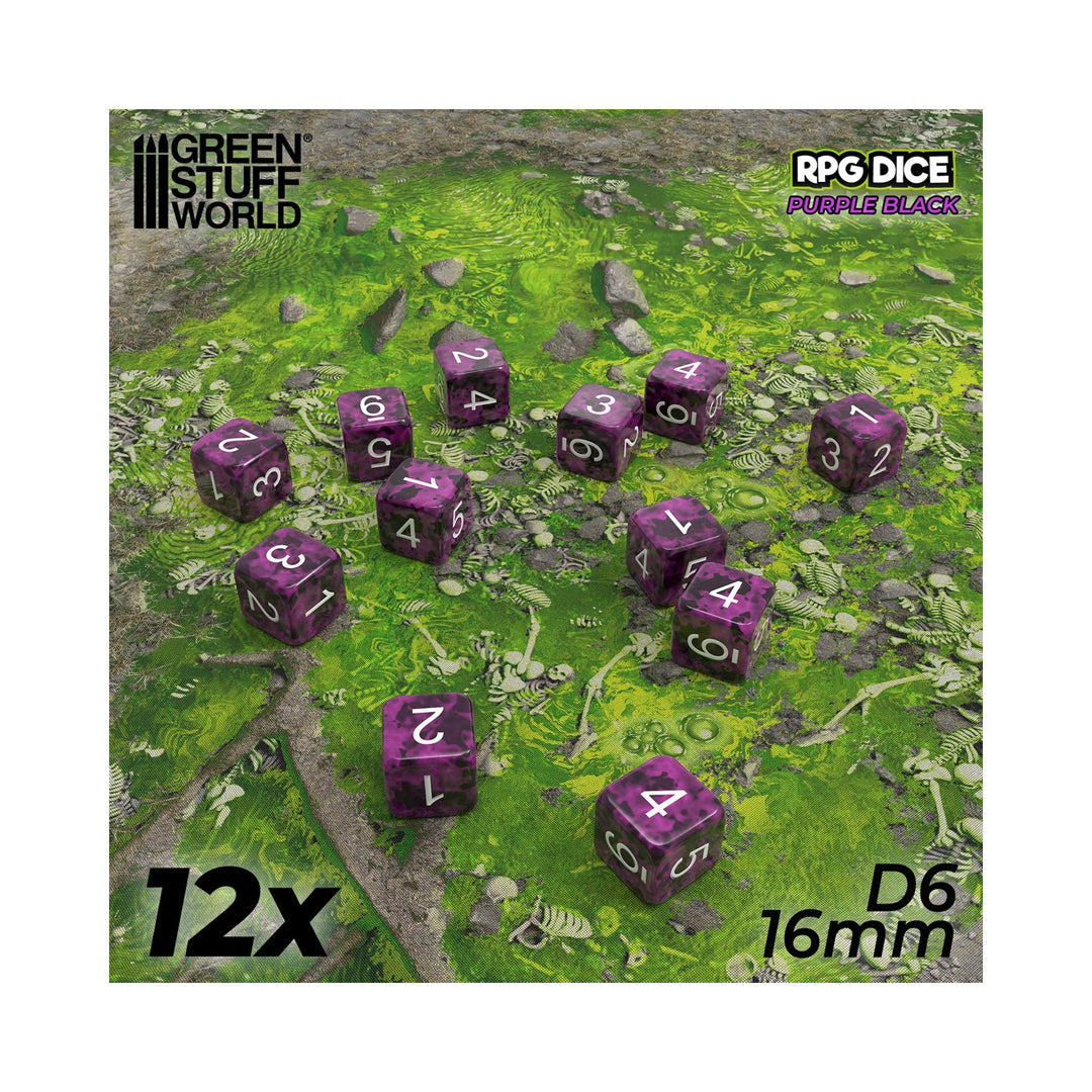 12x D6 16mm Dice - Purple Black (Green Stuff World)