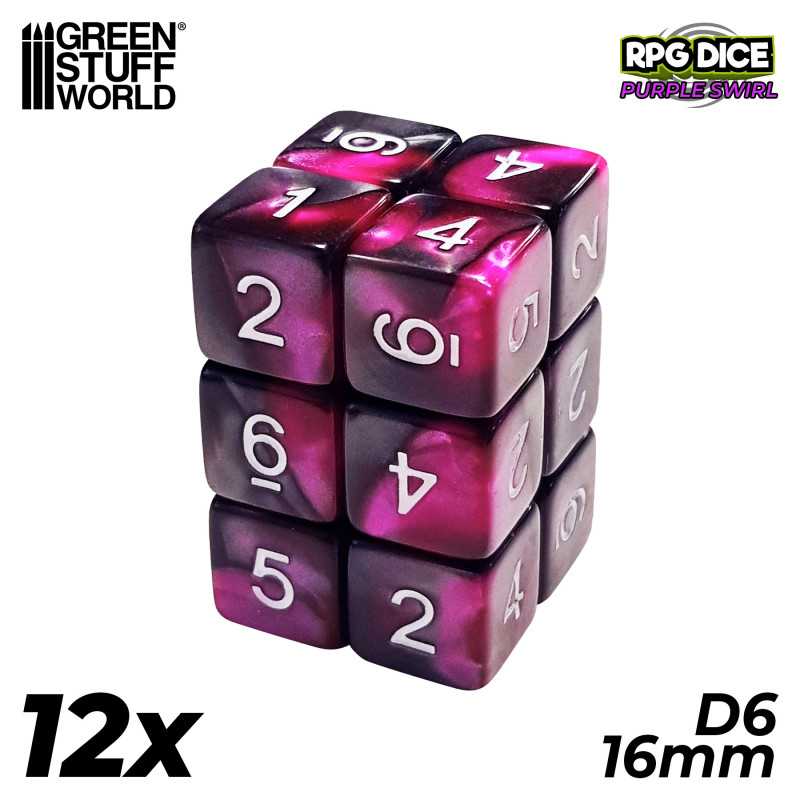 Gaming Dice: 12x D6 16mm Dice - Purple Swirl (Green Stuff World)