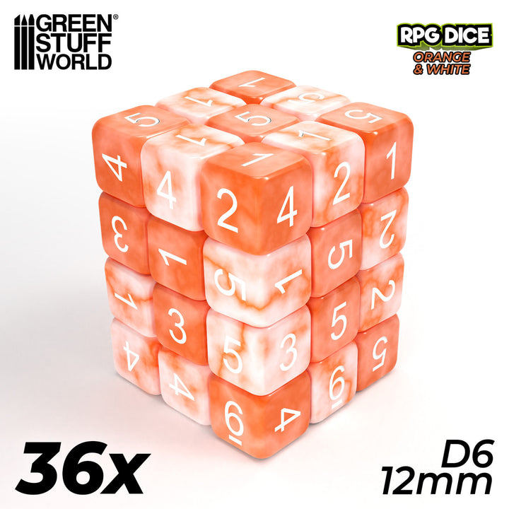 36x D6 12mm Dice - Orange White Marble (Green Stuff World)