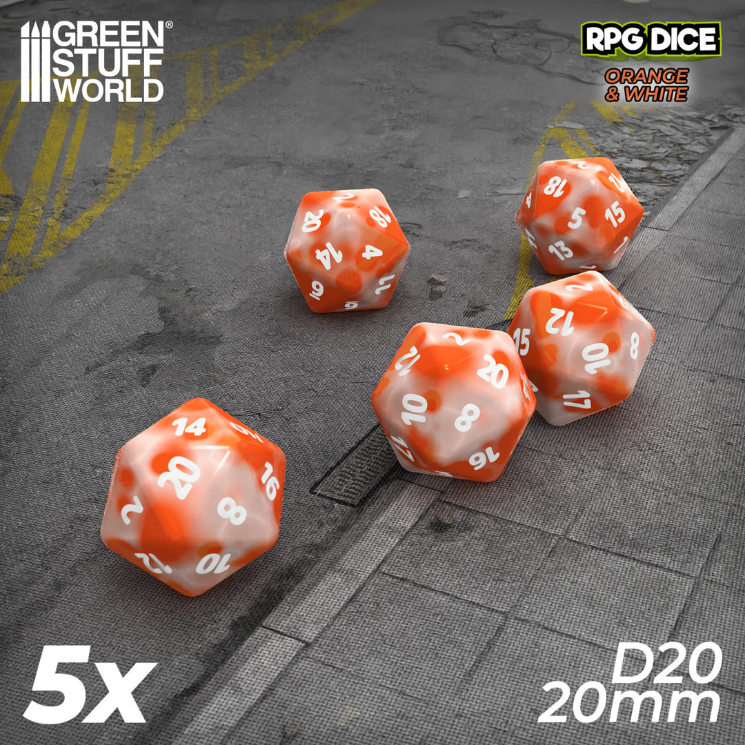 5x D20 20mm Dice - Orange White Marble (Green Stuff World)