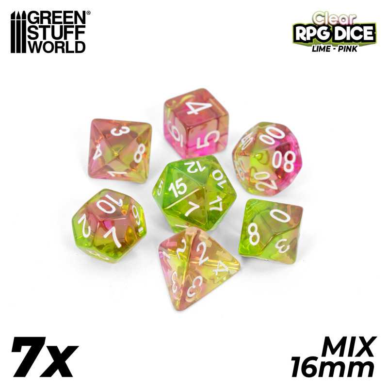 7x Mix 16mm Dice - Clear Lime and Pink (Green Stuff World)