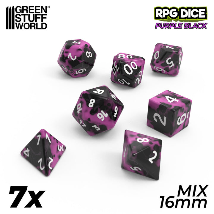 7x Mix 16mm Dice - Purple Black (Green Stuff World)