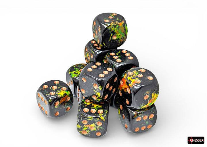 Brush Deep Forest/gold 16mm d6 Dice Block (12 dice) (Chessex) (24605)